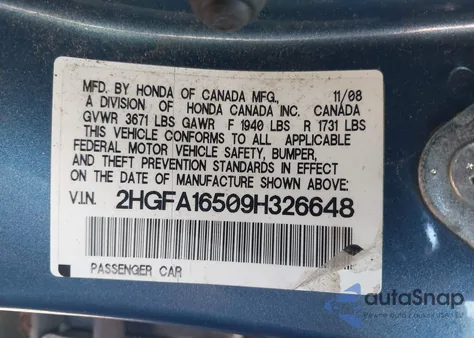 2009 Honda Civic Lx z USA, uszkodzony, nr VIN 2HGFA16509H326648